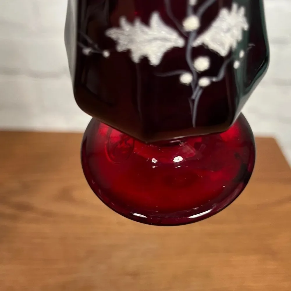 Vintage Fenton Ruby Red Holly Pedestal Vase - Signed and Stamped